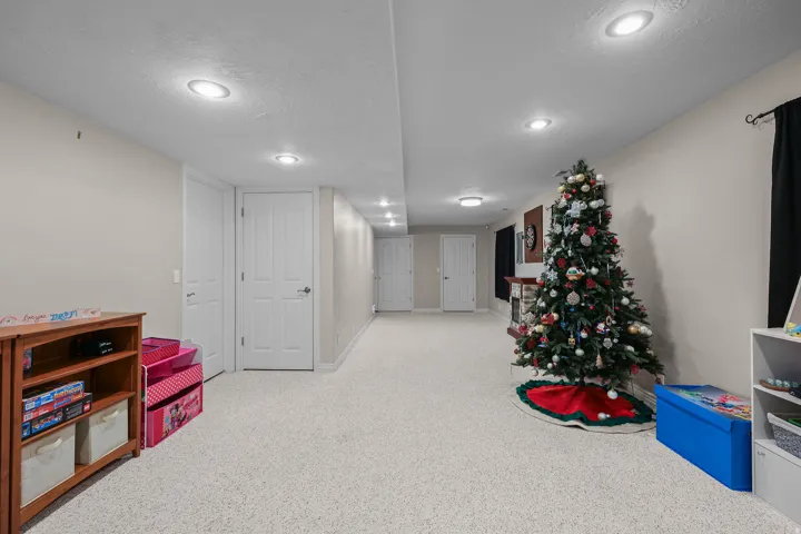 Carpeted room with recessed lighting and multiple white paneled doors