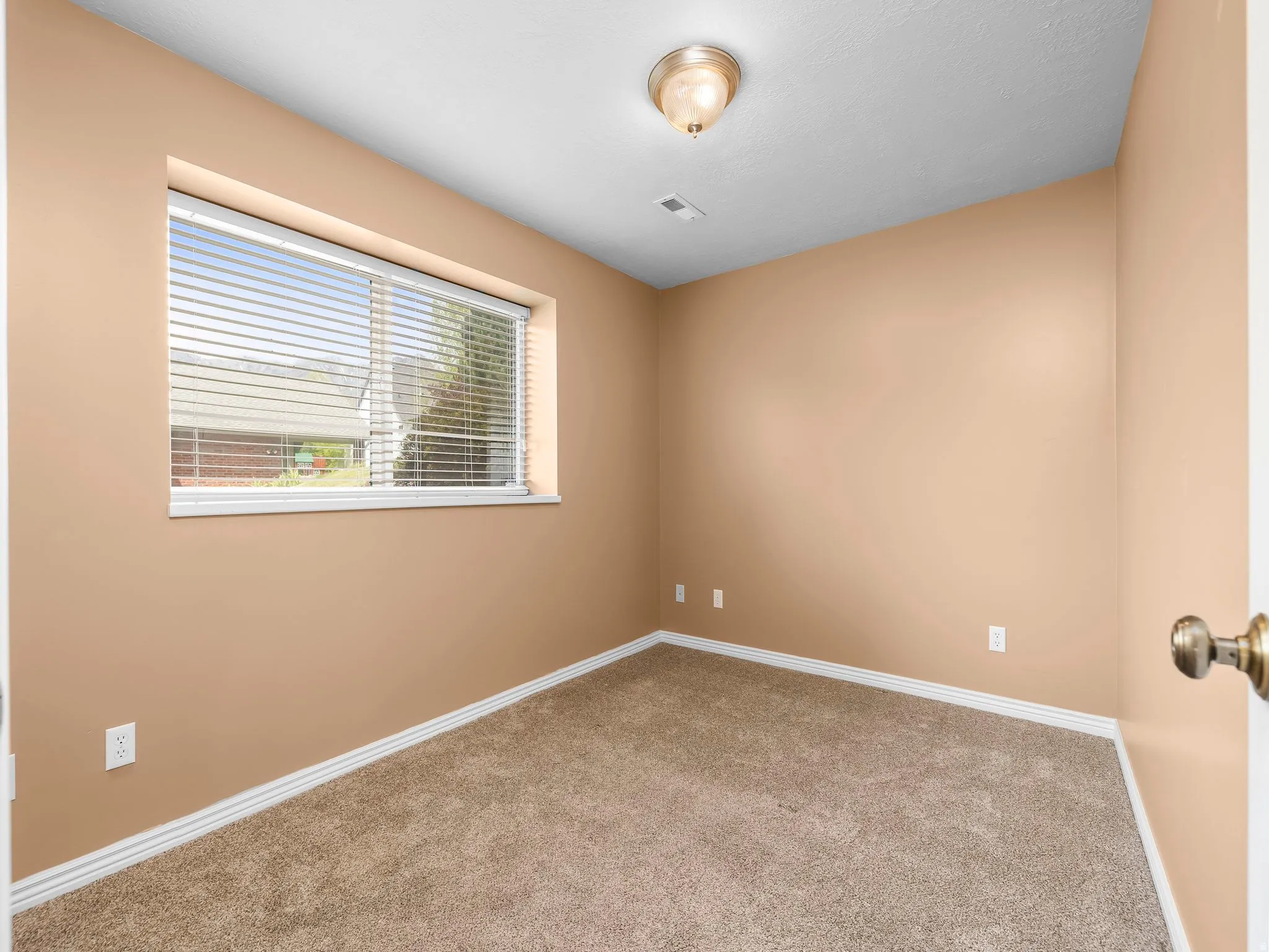 Carpeted room featuring a single window with horizontal blinds, neutral-toned walls, white trim, and a ceiling-mounted light fixture