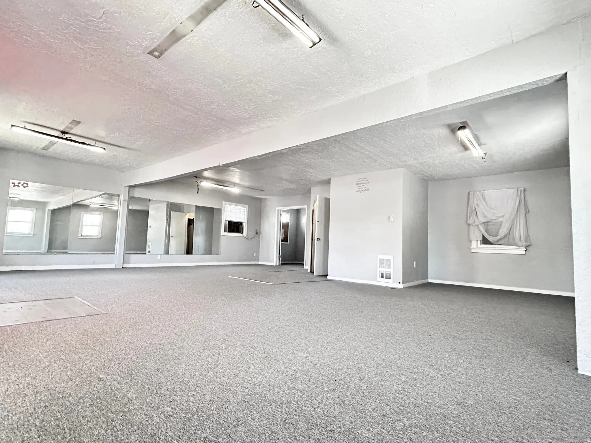 Spacious interior room featuring wall-to-wall carpeting, multiple windows, and extensive wall-mounted mirrors