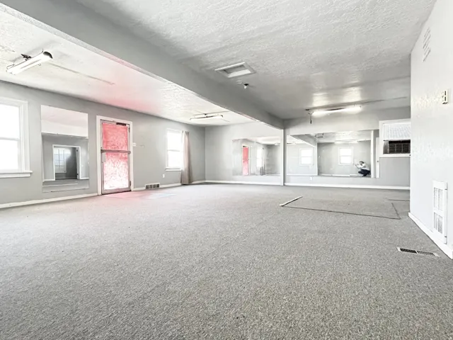 Spacious interior room featuring light gray carpeting, multiple windows, and extensive wall-mounted mirrors