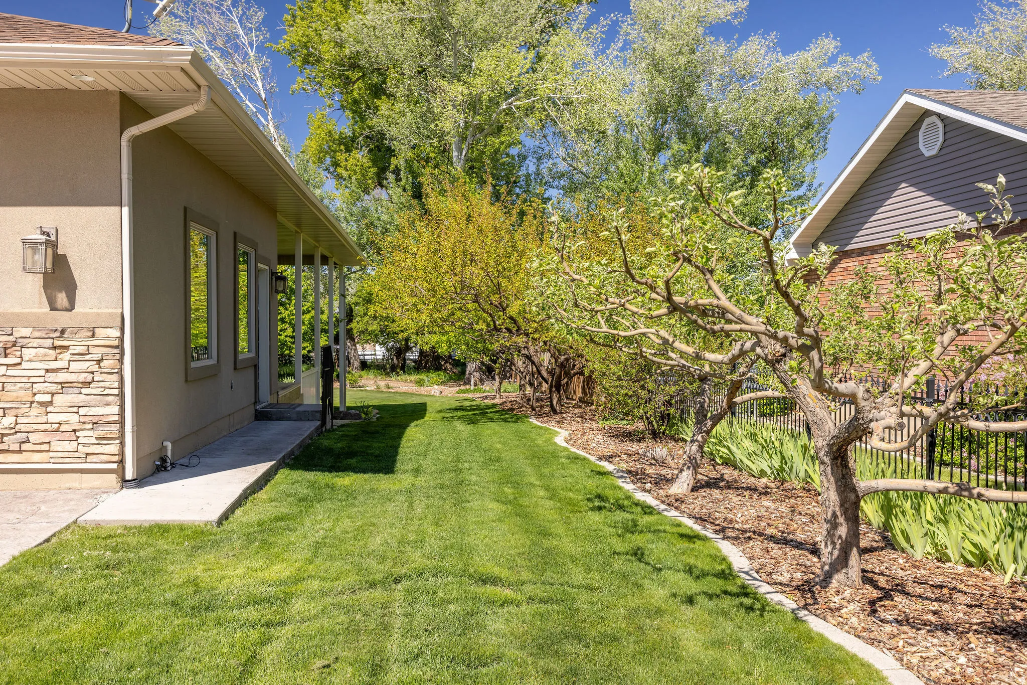 Expansive lawn bordering a concrete walkway