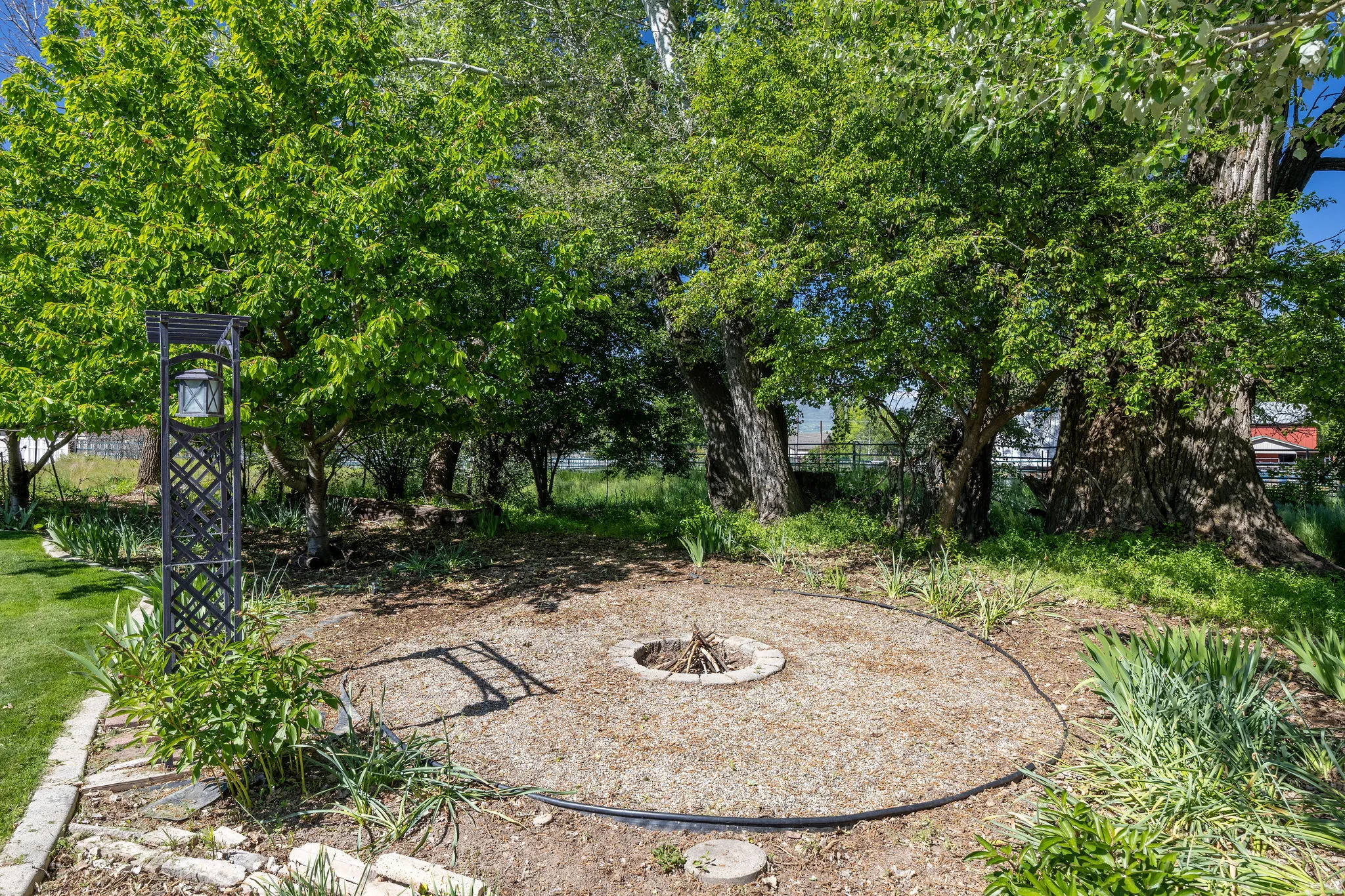 Outdoor fire pit area with gravel groundcover, surrounded by mature trees and lush green foliage