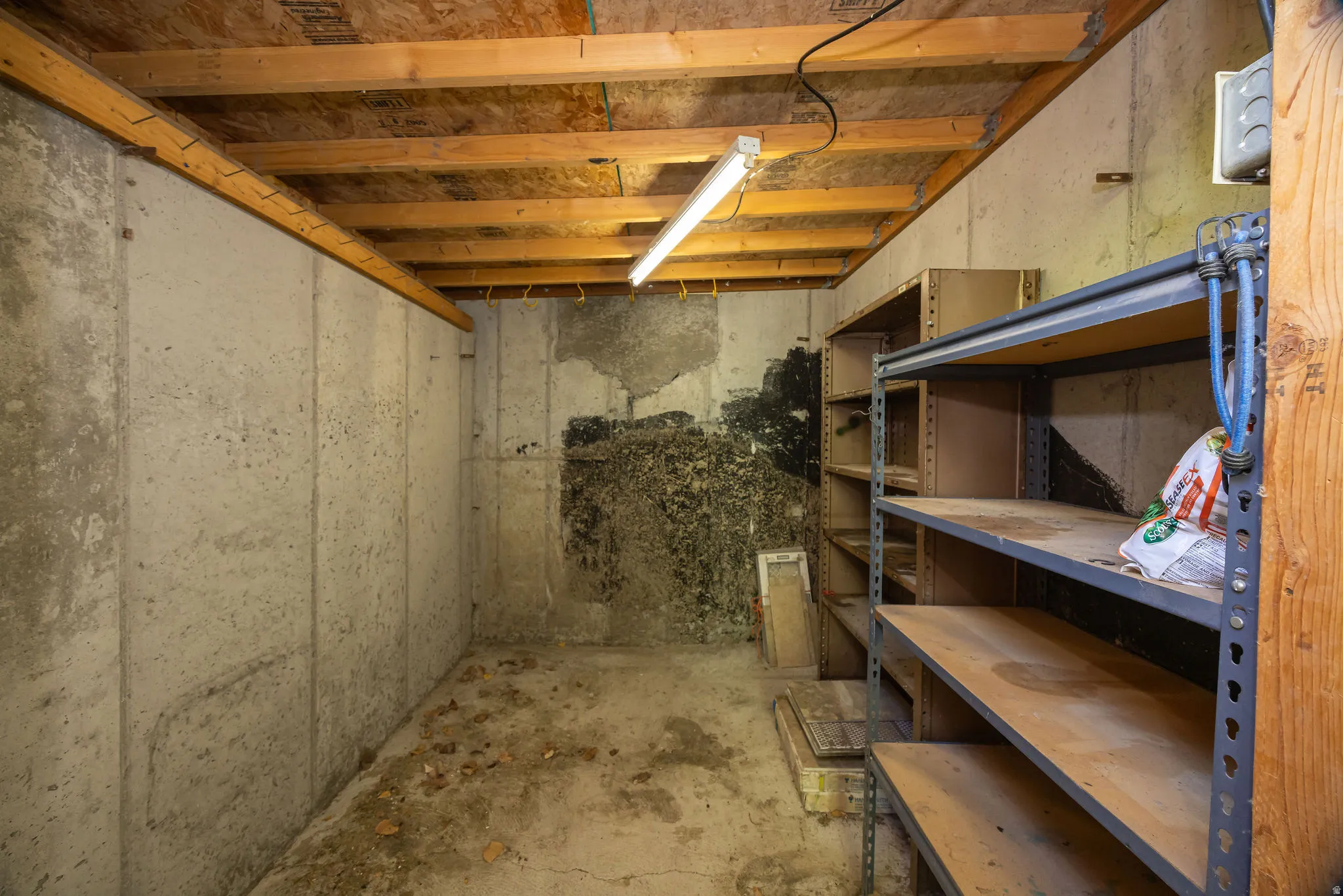 Unfinished basement space featuring concrete walls, exposed wood ceiling joists, and a concrete floor