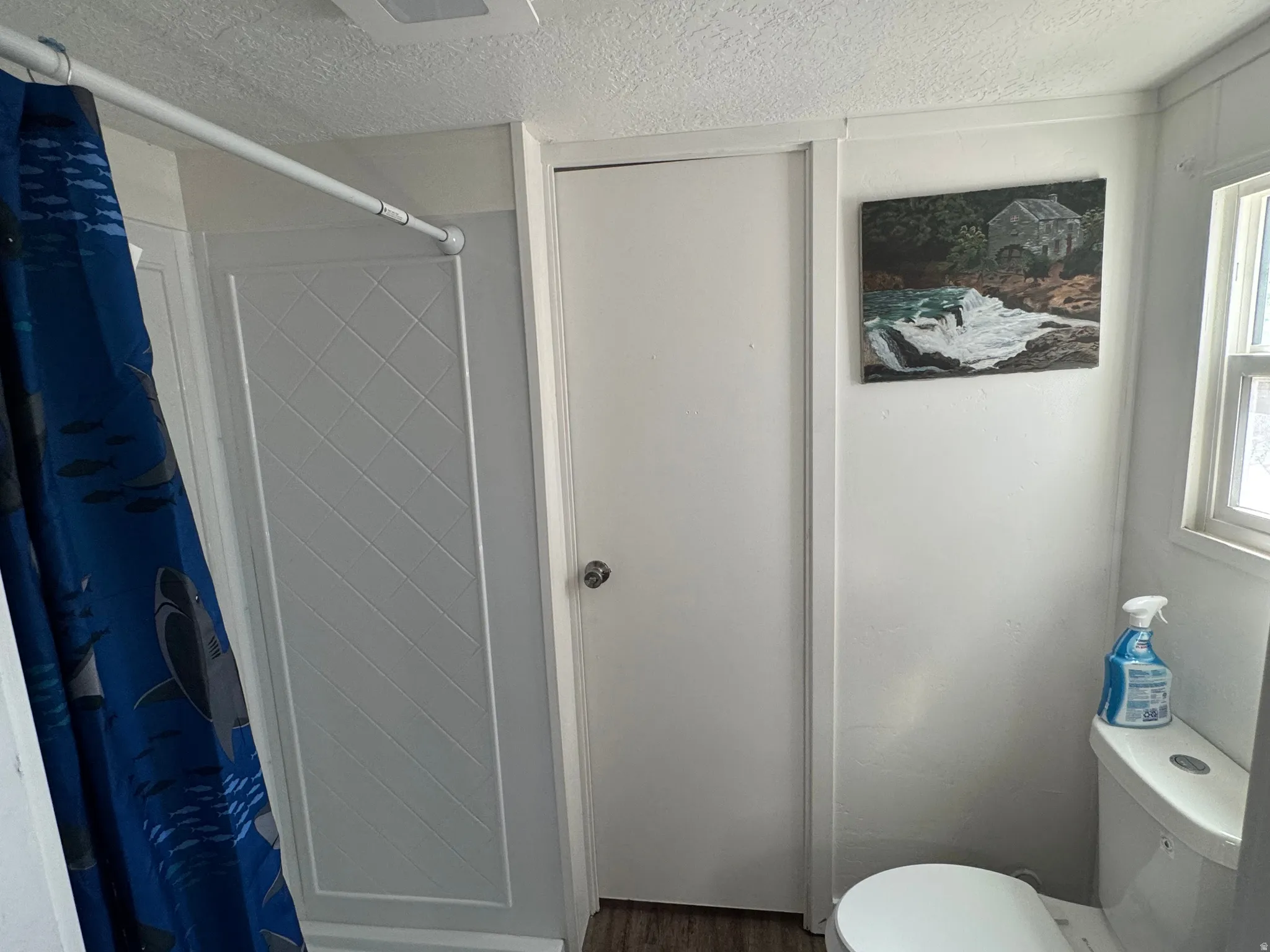 Compact bathroom featuring a white toilet, a window with natural light, and a shower with a patterned surround