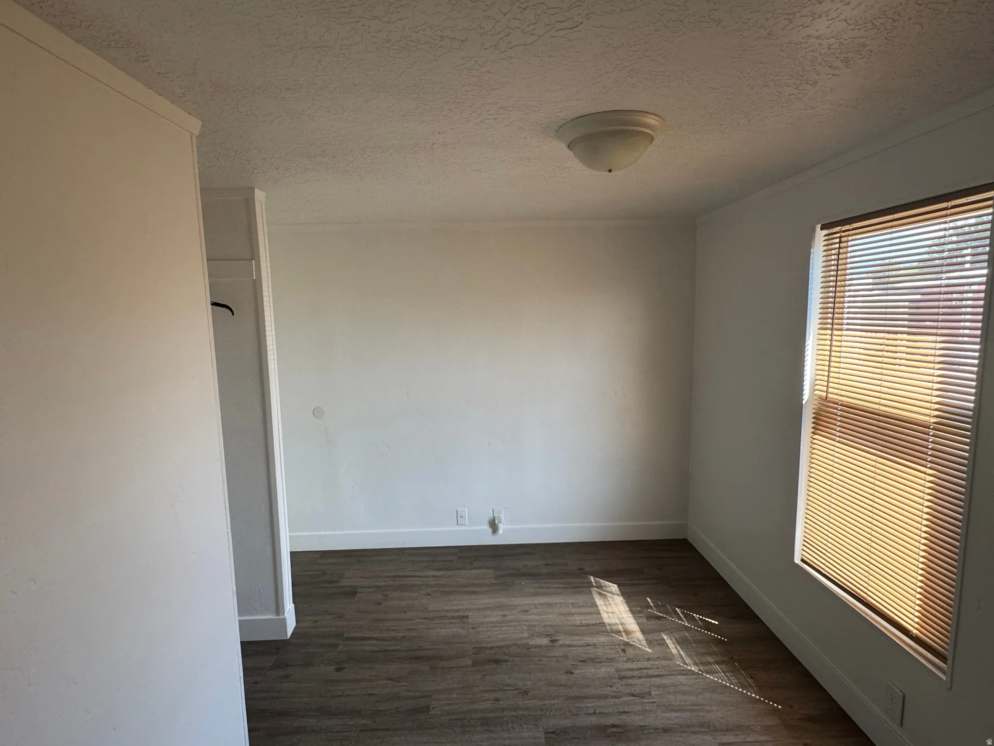 Interior room with wood-finish flooring, white walls, and a window with horizontal blinds