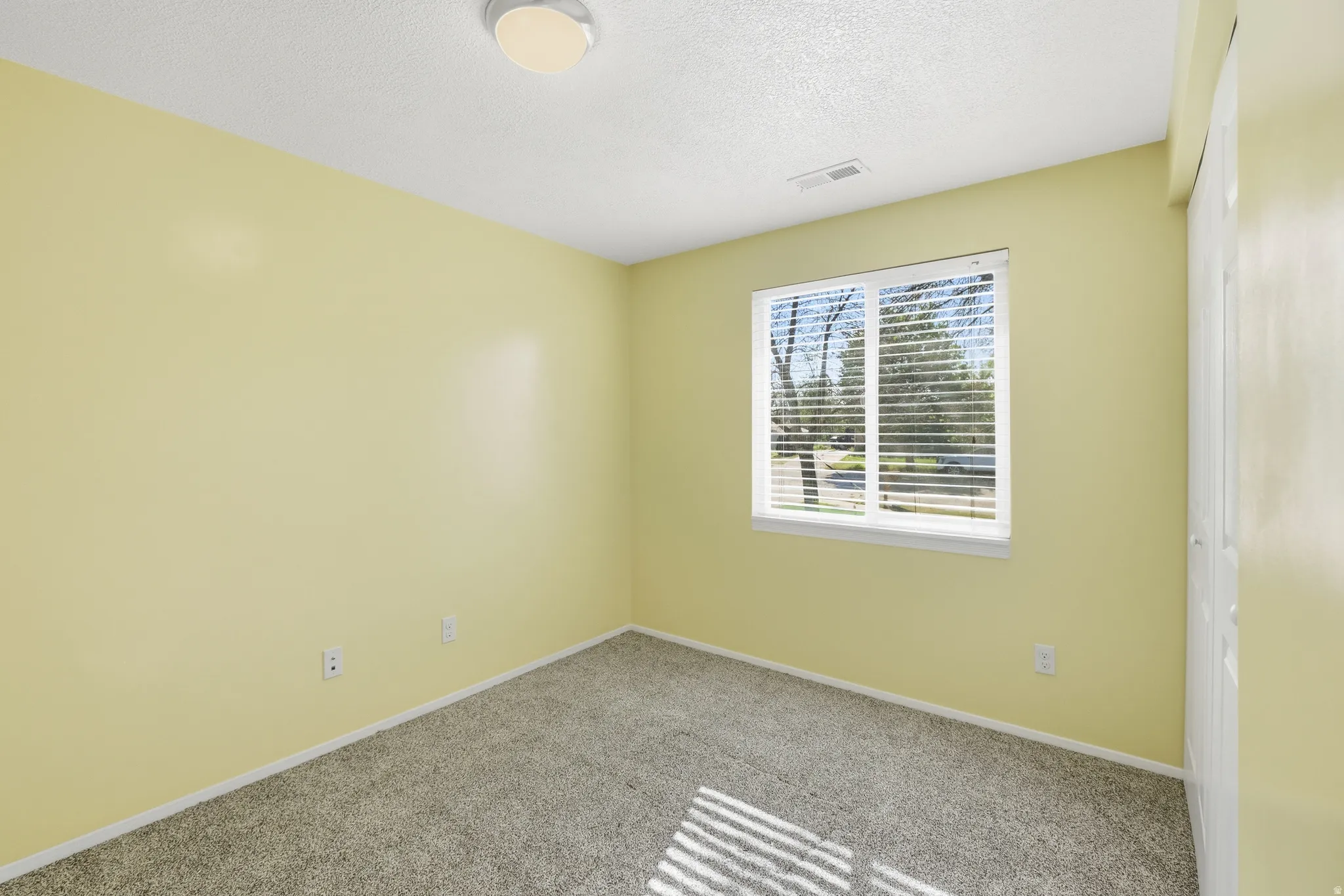 Carpeted room featuring a window with blinds, a ceiling-mounted light fixture, and a built-in closet with bifold doors