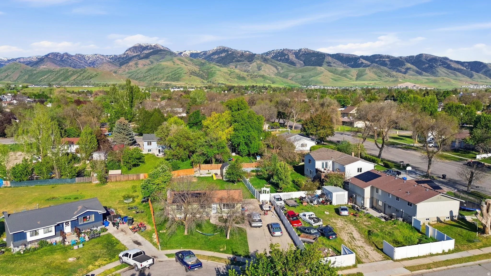 Mountain backdrop with a residential setting featuring established trees and varied rooflines