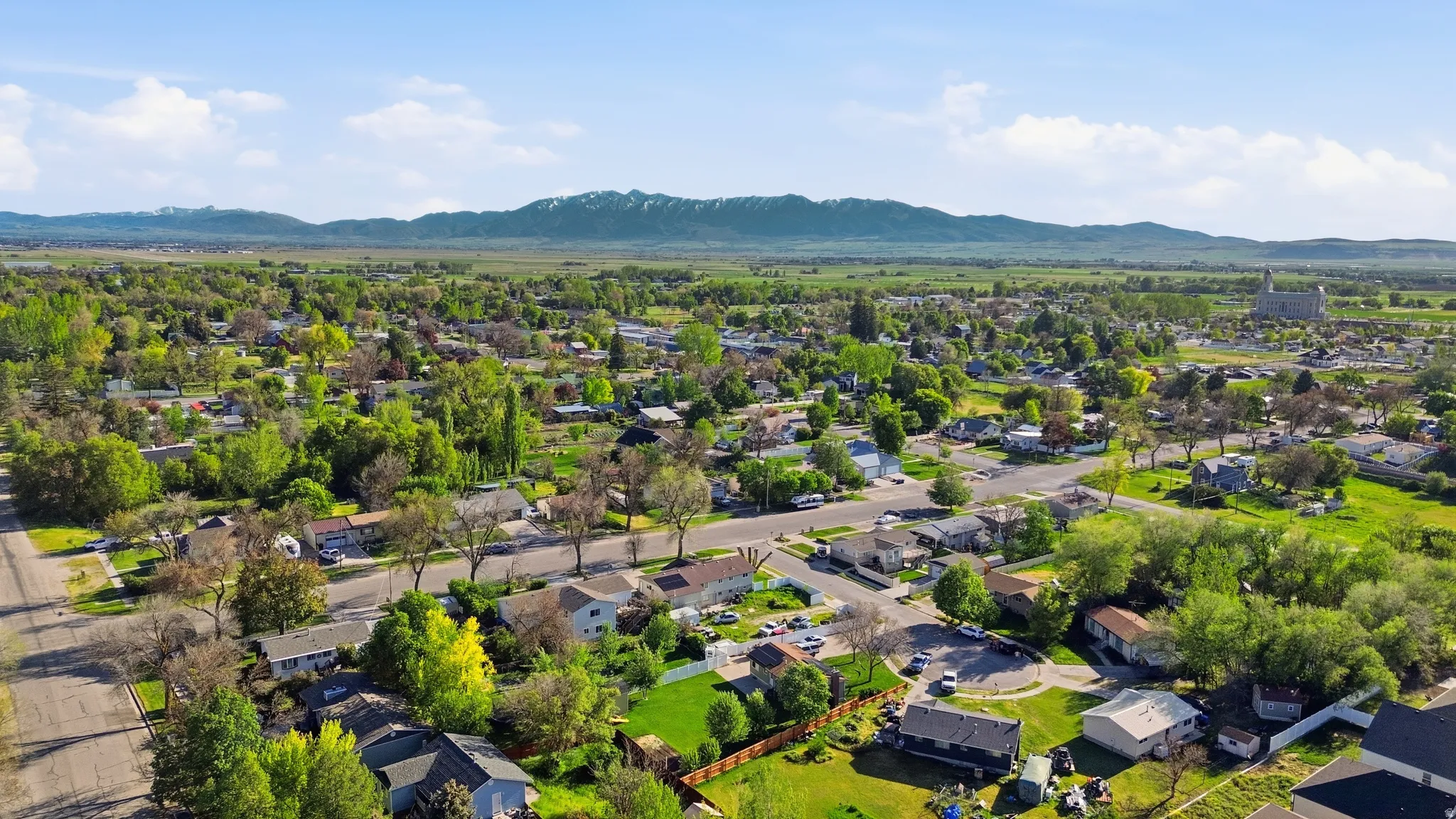 Aerial perspective showcasing residential properties amidst lush green landscaping