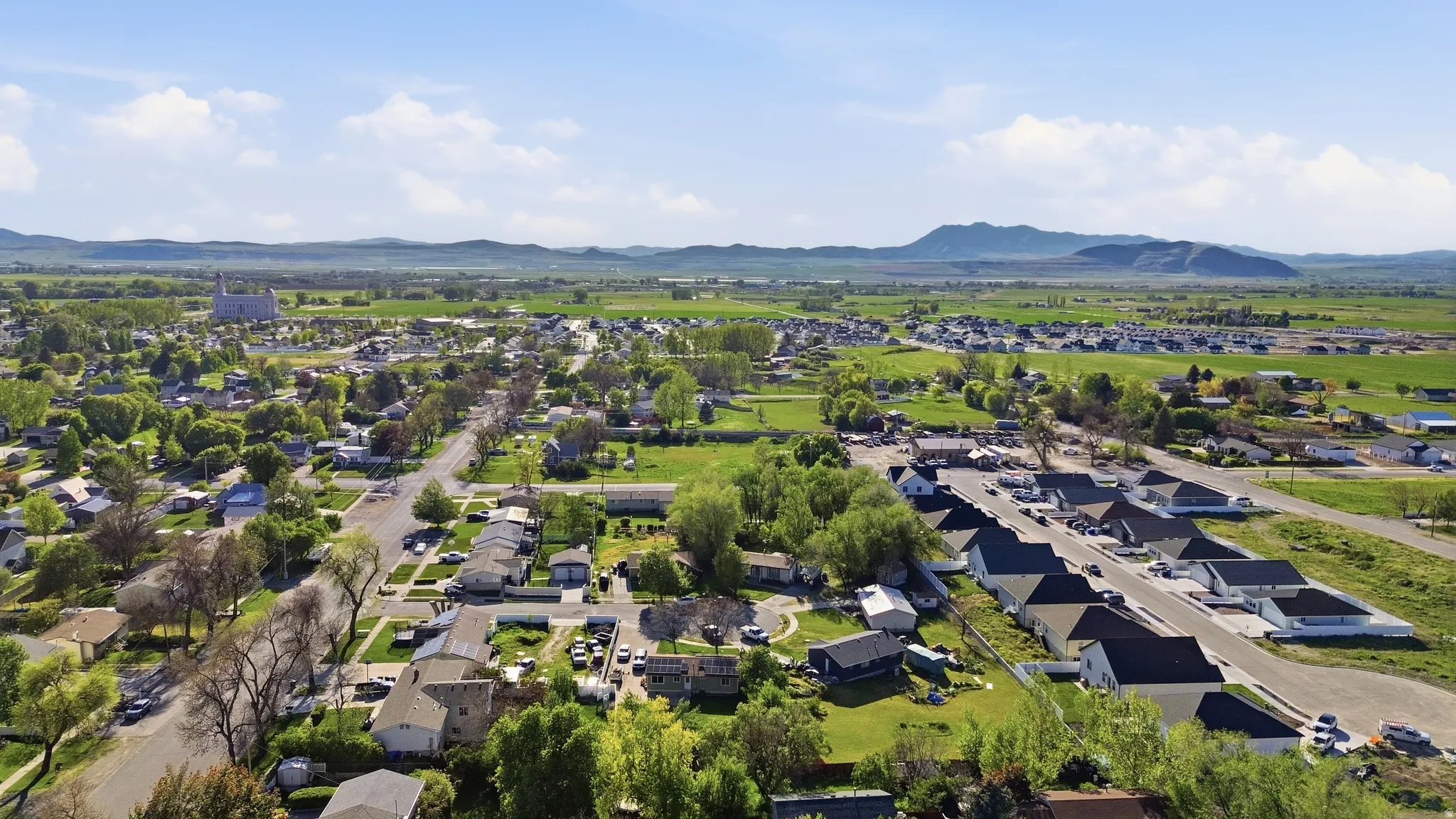 Aerial perspective showcasing a residential area with varied housing styles