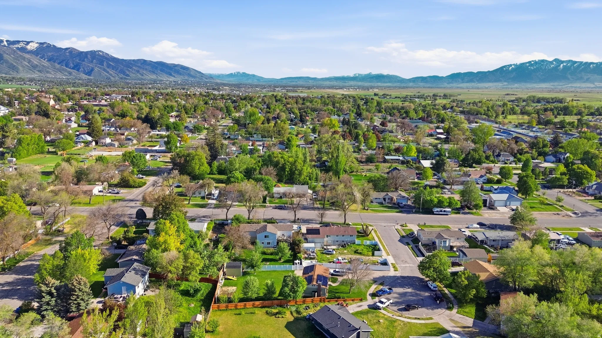Expansive neighborhood featuring mature trees, residential streets, and distant mountain ranges
