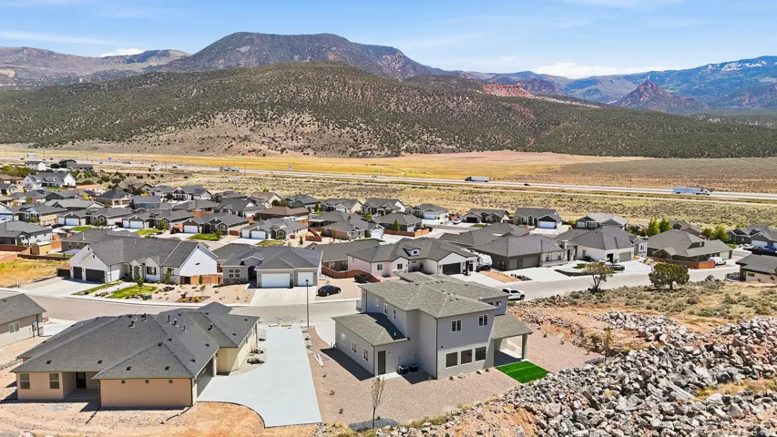 Aerial perspective showcasing a residential community with varied architectural styles
