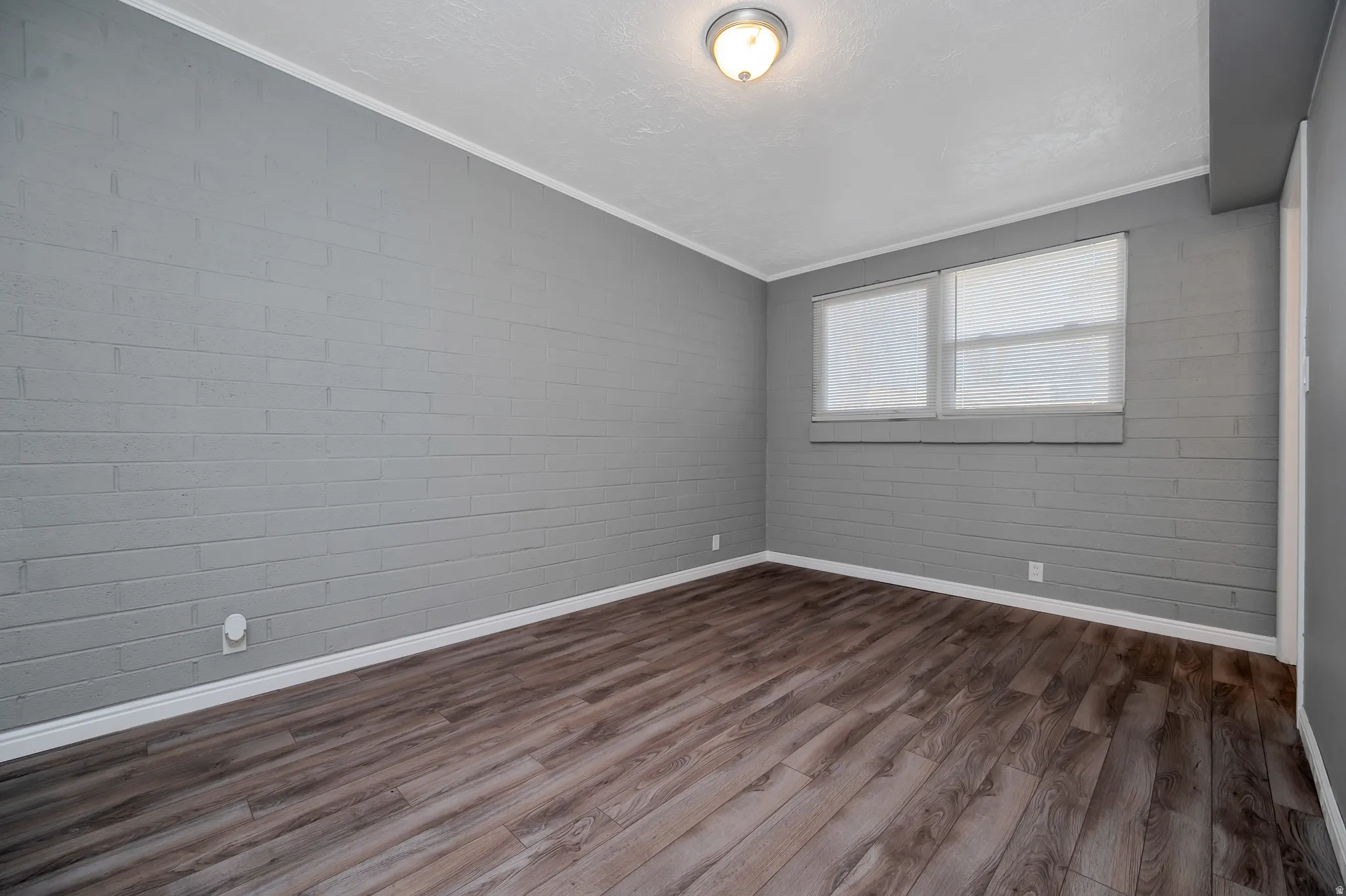 Spare room with ornamental molding and dark wood-style flooring