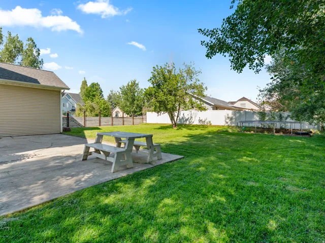 Expansive backyard featuring a large concrete patio, lush green lawn, mature trees, and a privacy fence
