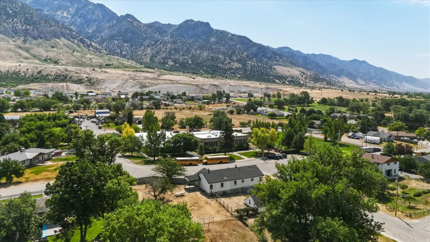 Elevated aerial perspective showcasing a residential neighborhood with verdant trees and a distant mountainous backdrop