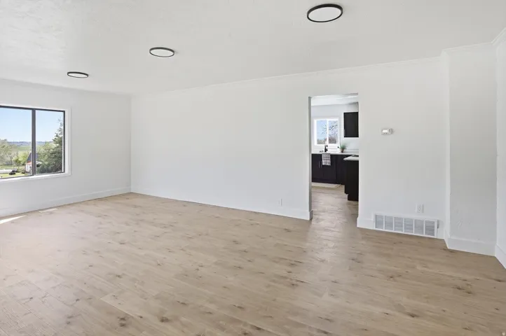 Spacious room featuring light wood-finish flooring, white walls, and contemporary flush-mount ceiling lights