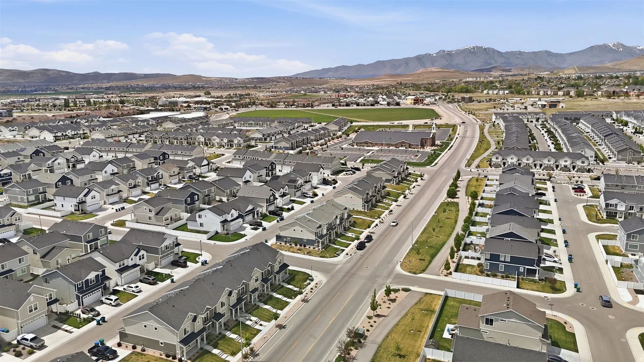 Aerial view showcasing a residential community with varied architectural styles