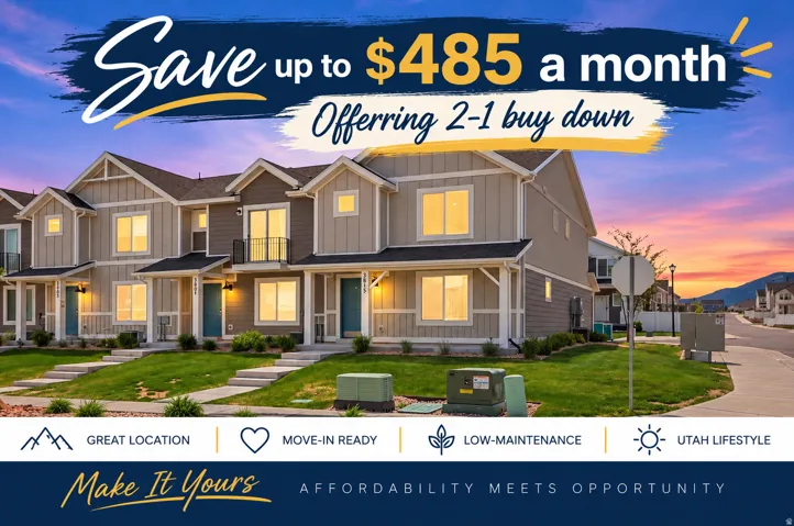Marketing Material. Illustrating a row of residential structures with promotional financial incentives and property features