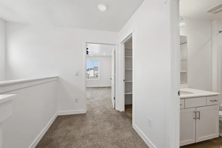 Upper-level hallway featuring plush carpet flooring
