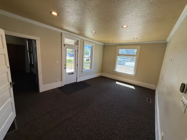 Spacious room featuring textured carpeting, white baseboards, and crown molding
