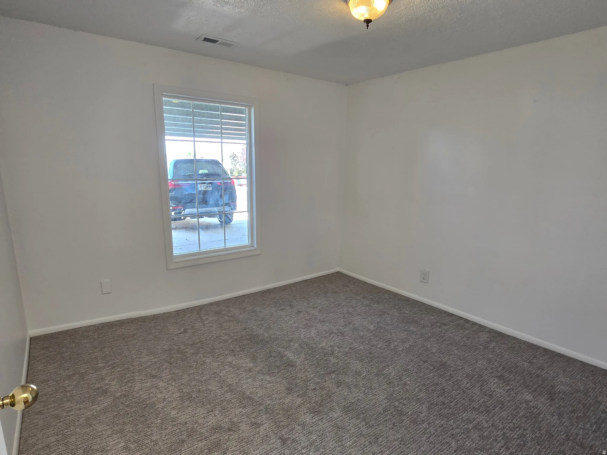 Textured carpeting, white walls, and a single window with grids