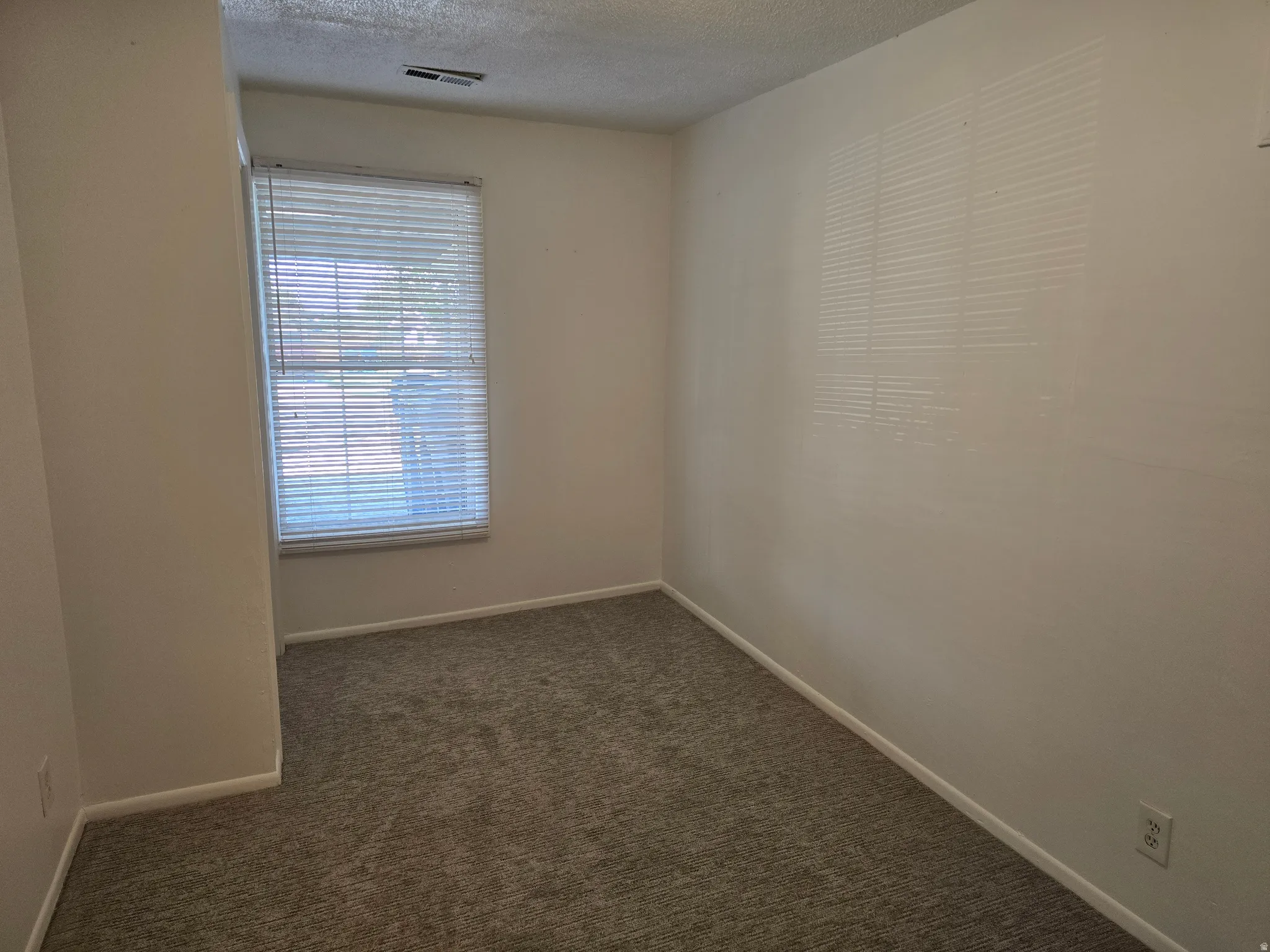 Carpet flooring, neutral painted walls, single window with blinds, and ceiling-mounted air vent
