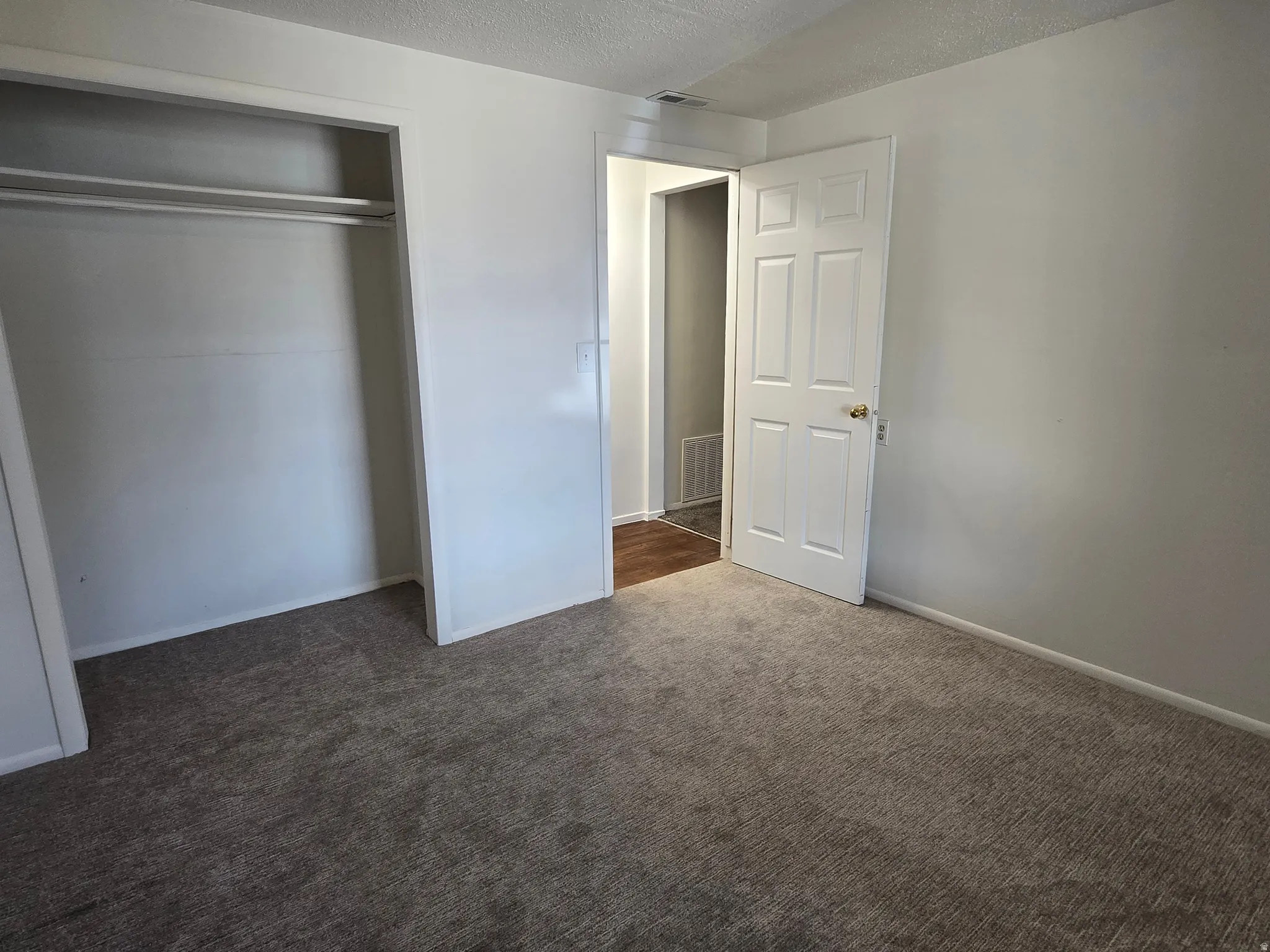 Wall-to-wall carpeting in a neutral tone, white painted walls, and a large closet with hanging rods