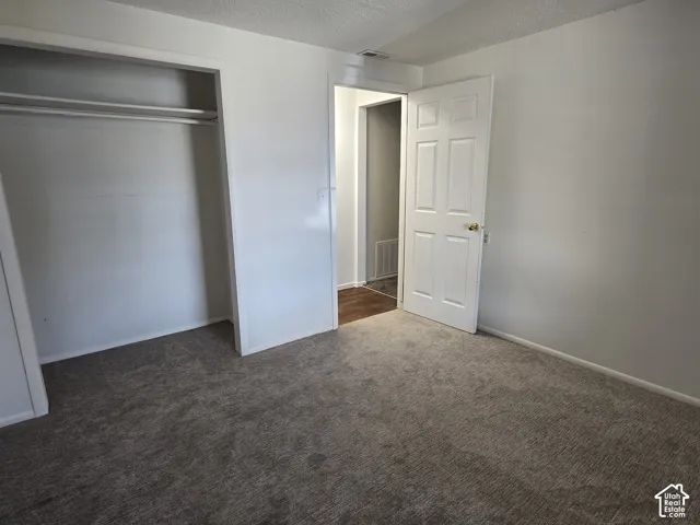 Wall-to-wall carpeting in a neutral tone, white painted walls, and a large closet with hanging rods