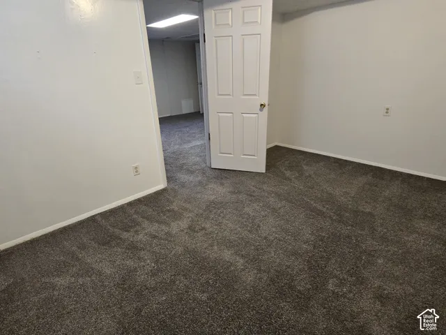 Neutral tone wall paint, paneled interior door, and textured carpet flooring
