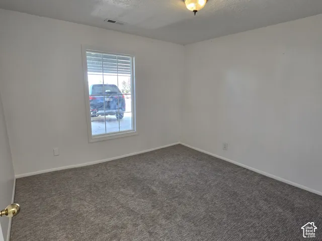 Textured carpeting, white walls, and a single window with grids