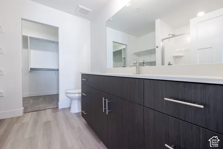 Wood-finish flooring, dark wood-finish cabinetry, white countertop, large wall mirror, and a walk-in closet with carpet