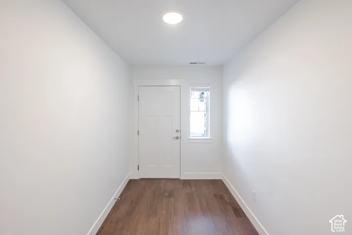 Entryway with wood-finish flooring, a white paneled door, and a single window