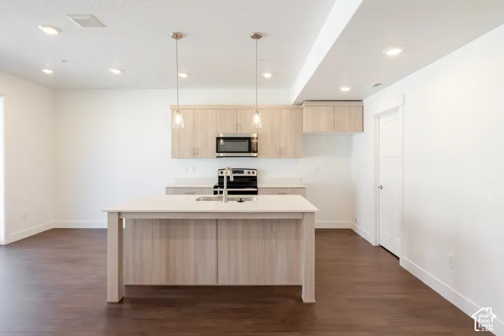 Kitchen featuring an island with a sink, stainless steel appliances, light wood-finish cabinetry, and recessed lighting