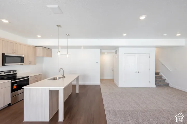 Kitchen island with integrated sink, stainless steel appliances, light wood-finish cabinetry, recessed lighting, and mixed flooring with wood-finish and carpeted areas