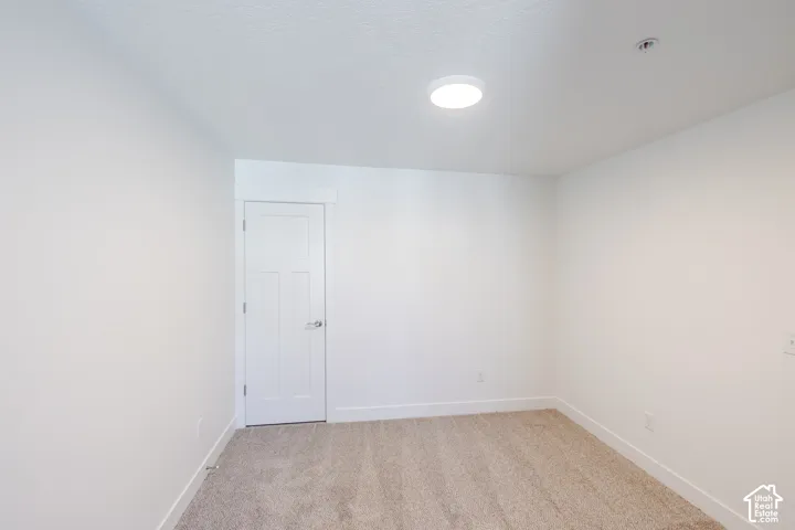 Neutral-toned interior featuring wall-to-wall carpeting, crisp white walls, a flush-mount circular ceiling light, and a multi-panel door with metallic hardware