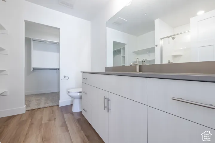 Bathroom featuring a light-toned vanity with flat-panel cabinetry, a solid-surface countertop, a polished chrome faucet, wood-finish flooring, and built-in closet shelving