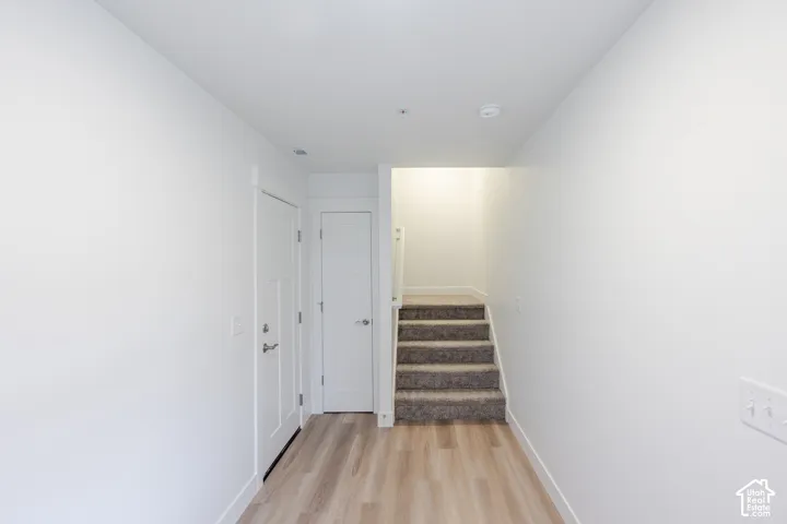 Entryway featuring light-toned wood-finish flooring, two white panel doors with metallic hardware, and carpeted stairs