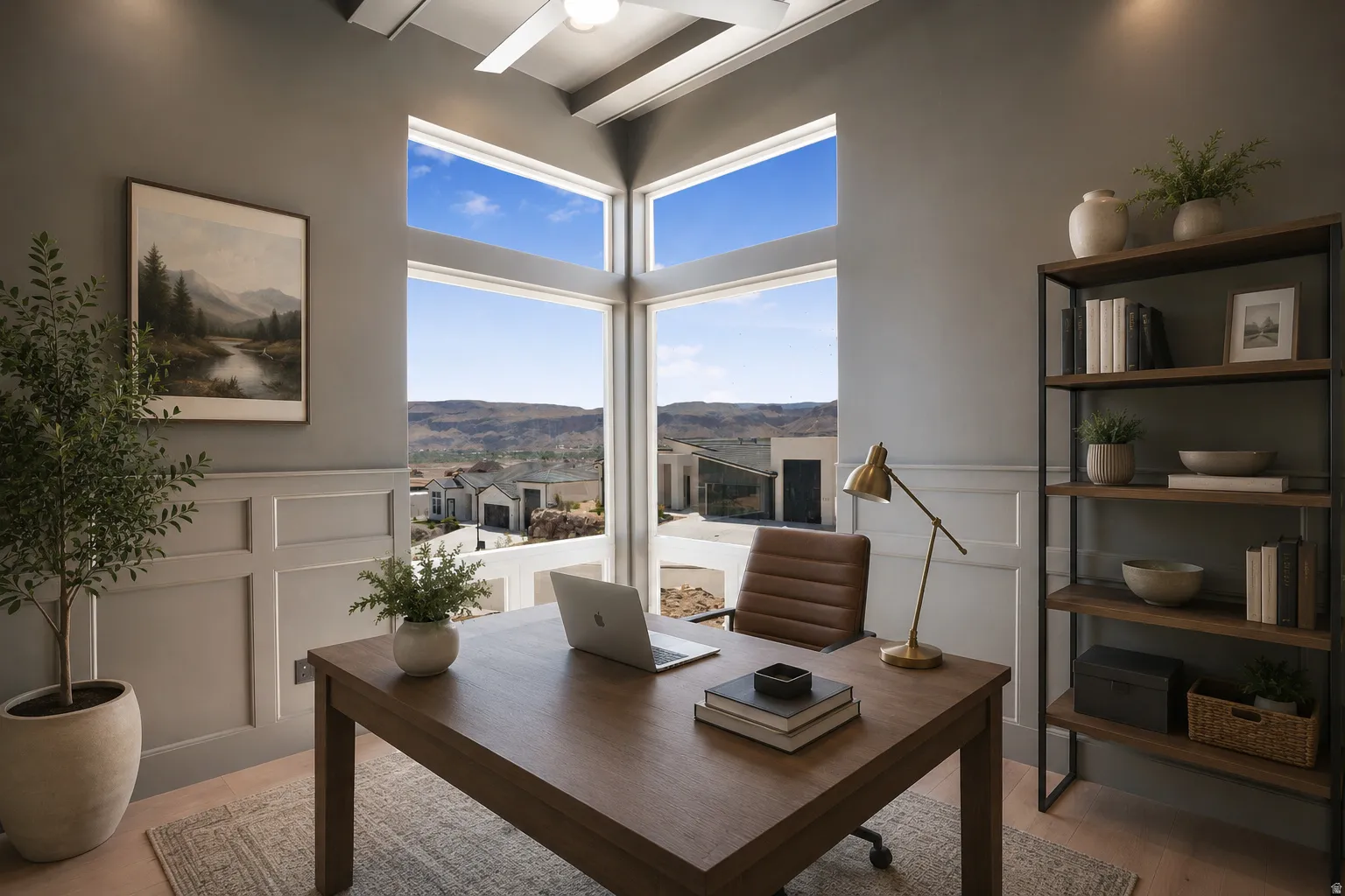Dedicated office space featuring expansive corner windows, a high ceiling with a ceiling fan, and wainscoting details