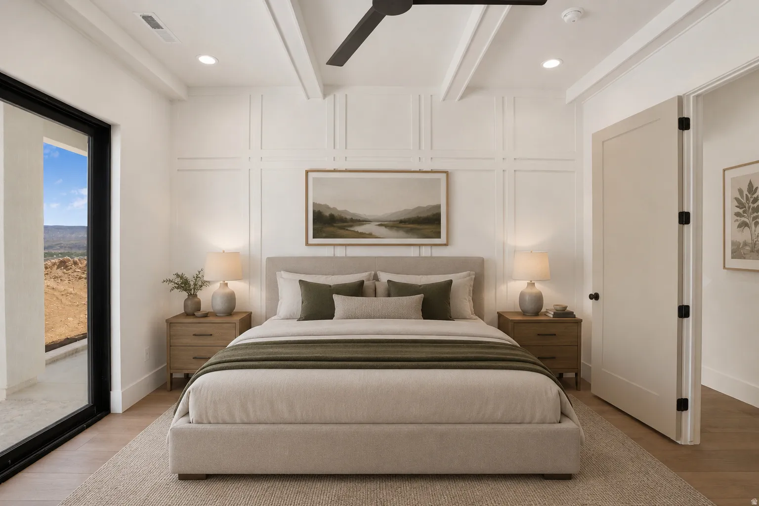 Vaulted ceilings with exposed beams and recessed lighting