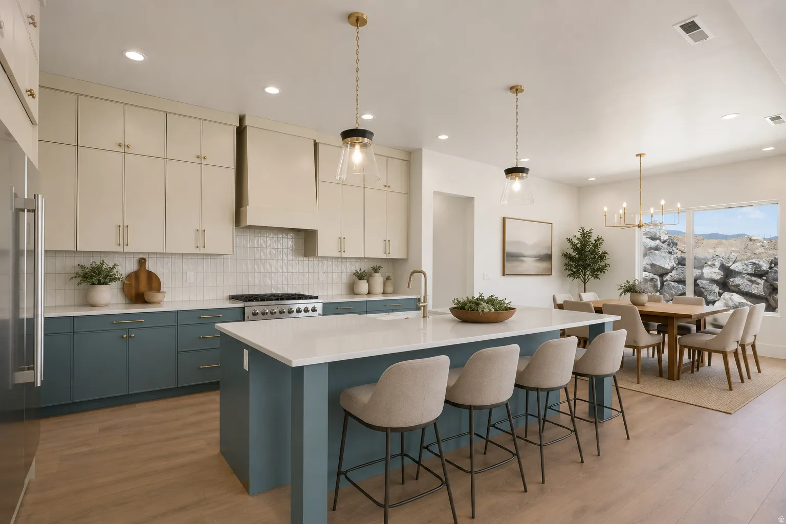 Modern kitchen featuring two-tone cabinetry, a central island with countertop seating, stainless steel appliances, and wood-finish flooring