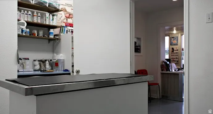 Treatment counter with a metal edge and black mat, accompanied by built-in shelving