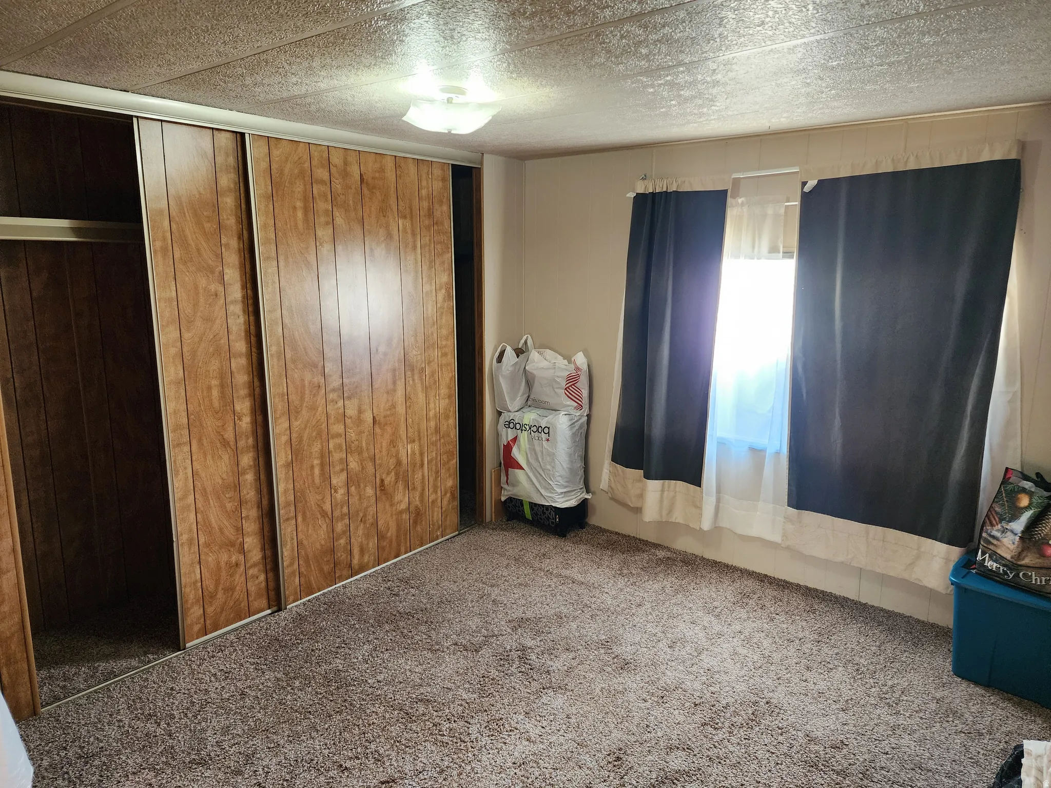 Carpeted room featuring a large sliding door closet with wood-look panels, a window with curtains, a ceiling-mounted light fixture, and textured ceiling panels