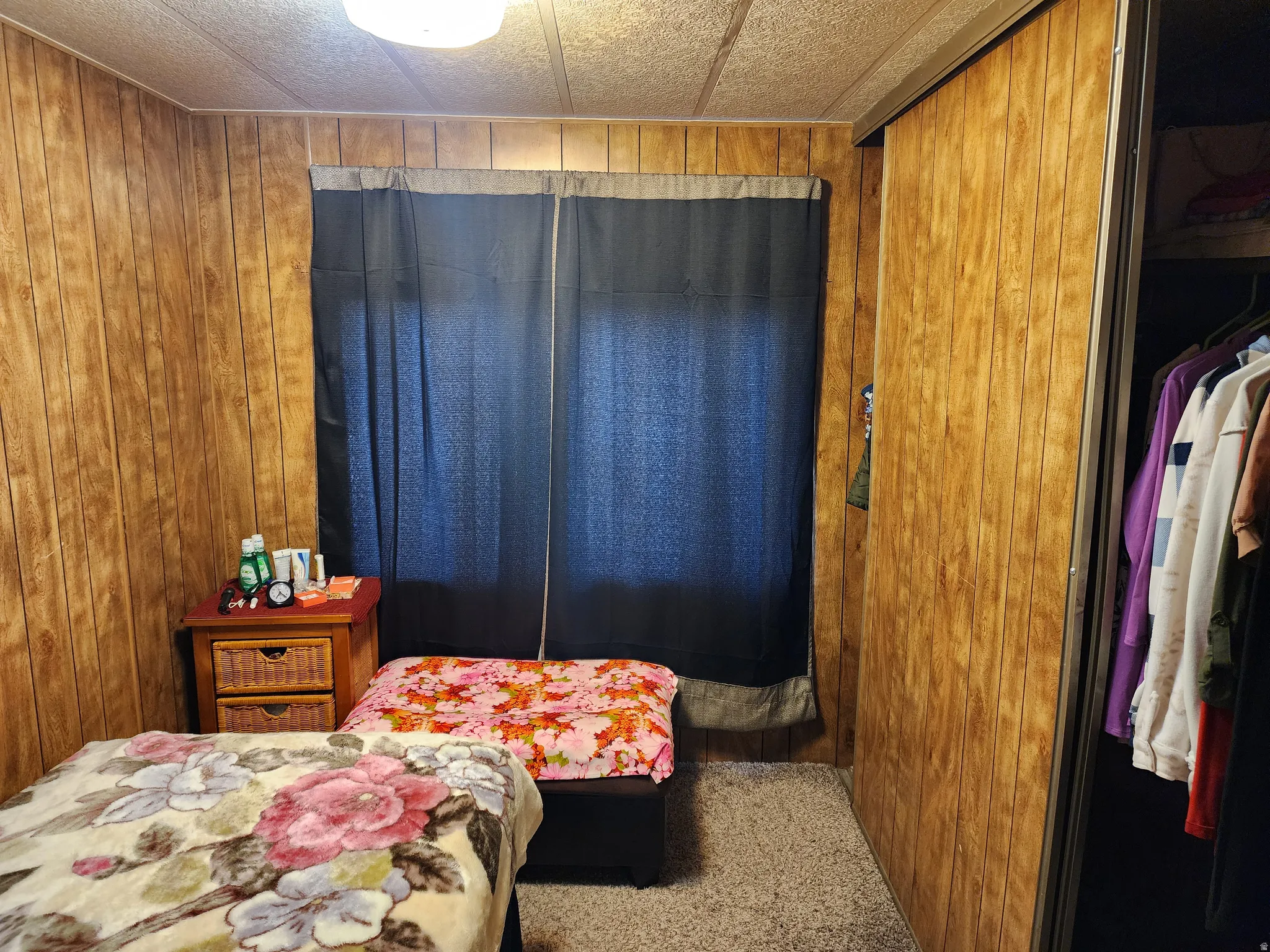 Interior room featuring wood-finish paneling walls, textured ceiling, and neutral-toned carpeting