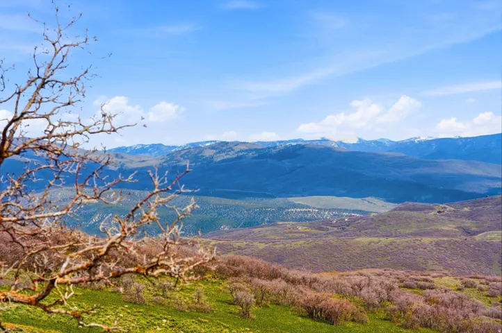 Expansive mountain landscape featuring distant snow-capped peaks under a blue sky with scattered clouds