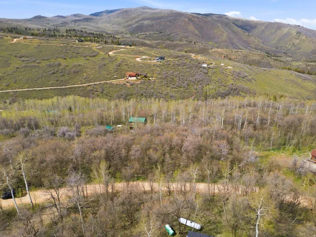 Expansive mountainous terrain featuring scattered residential structures, natural foliage, and winding unpaved roads