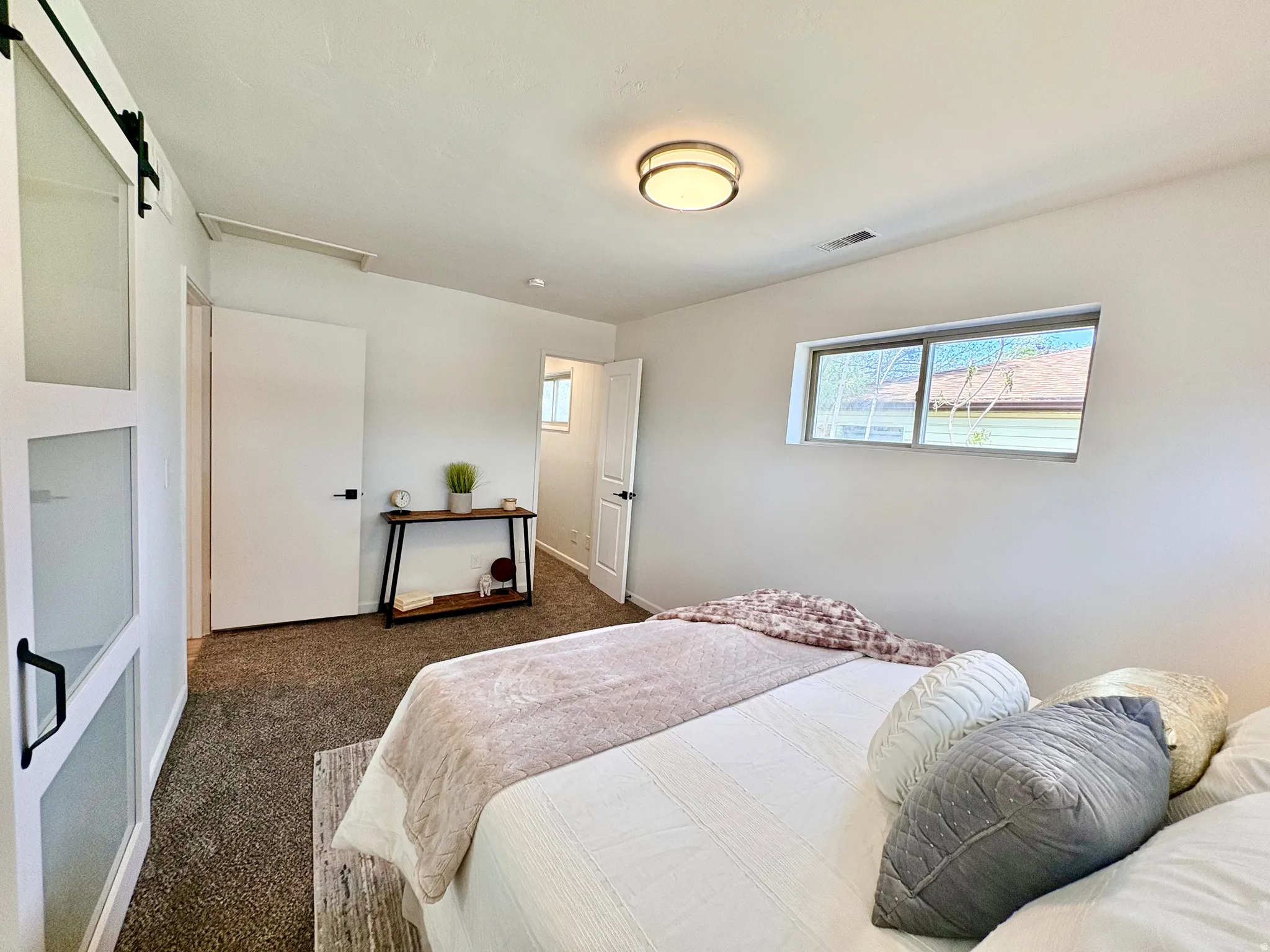 Bedroom featuring wall-to-wall carpeting, a horizontal window, and a contemporary flush-mount ceiling light