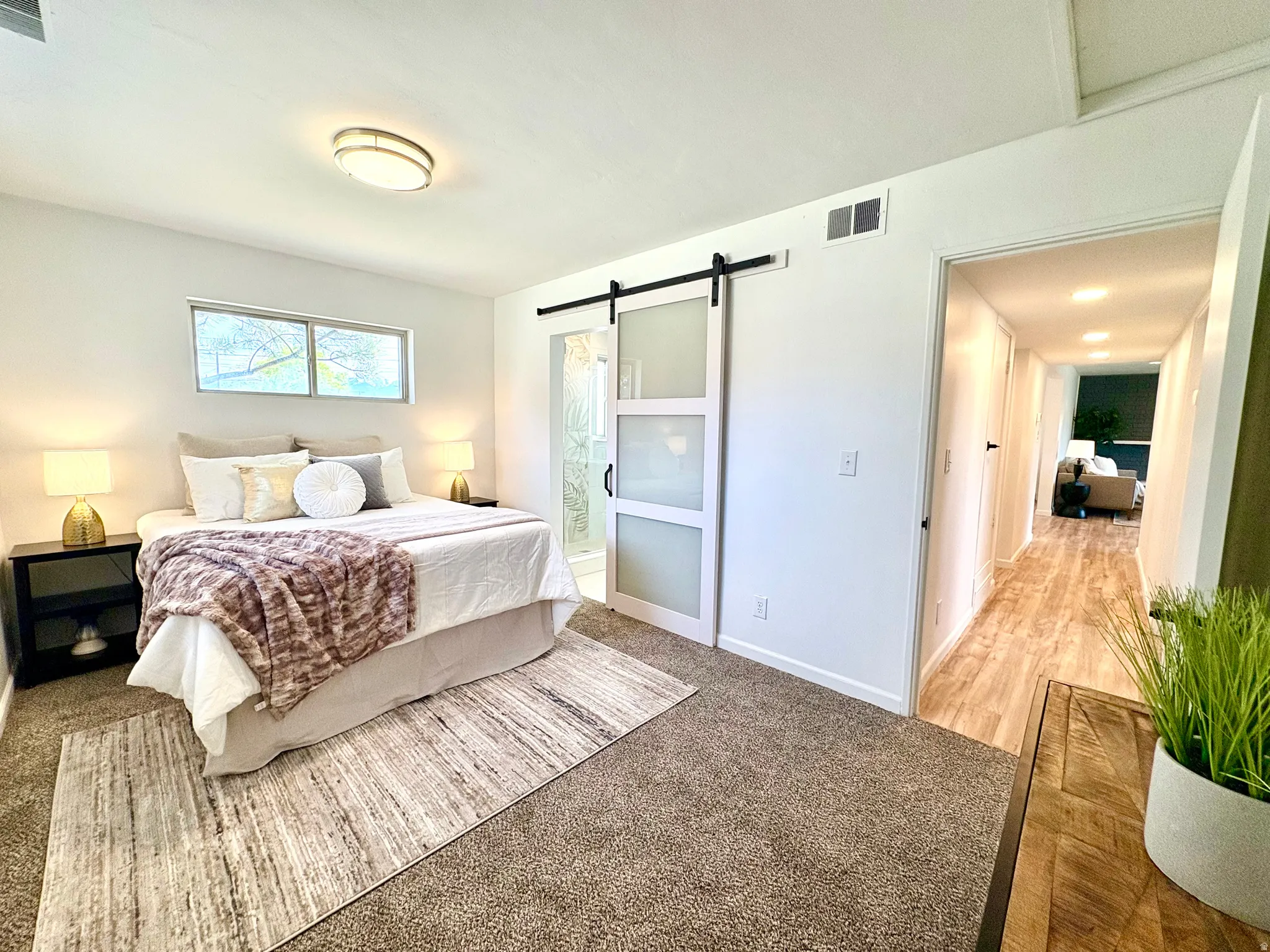 Carpeted bedroom featuring a contemporary barn door with frosted glass panels, an overhead flush-mount light fixture, and a horizontal window providing natural illumination