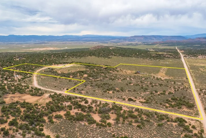Expansive land parcel with discernible boundary lines, featuring diverse natural vegetation and a visible dirt road