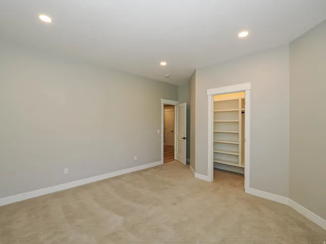 Neutral-toned room featuring recessed lighting, a built-in closet with shelving, and plush carpeting