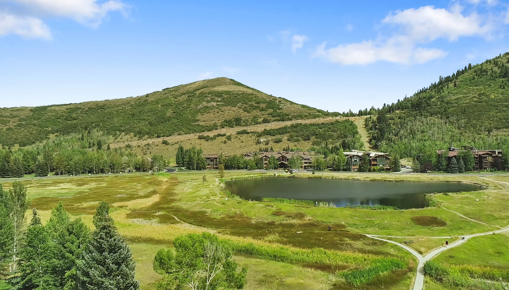 Mountainous landscape featuring a tranquil lake, verdant fields, and mature trees
