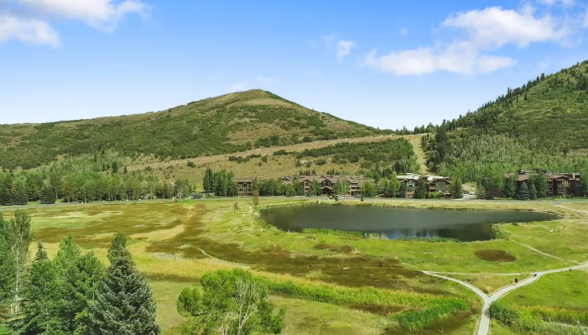 Mountainous landscape featuring a tranquil lake, verdant fields, and mature trees